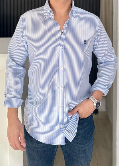 Camisa Manga Larga a Rayas Azules de Algodón para Hombre