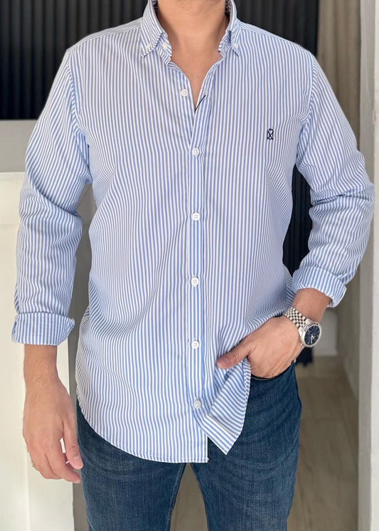 Camisa Manga Larga a Rayas Azules de Algodón para Hombre