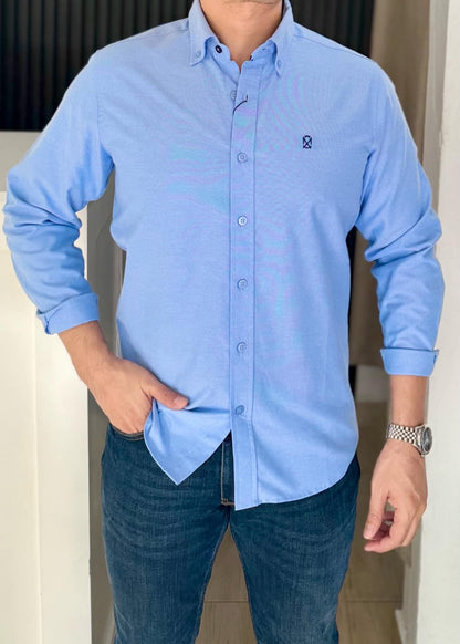 Camisa Manga Larga Azul de Algodón para Hombre