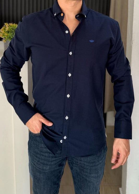 Camisa Manga Larga Azul Marino de Algodón para Hombre | Botones de Madera y Corte Elegante