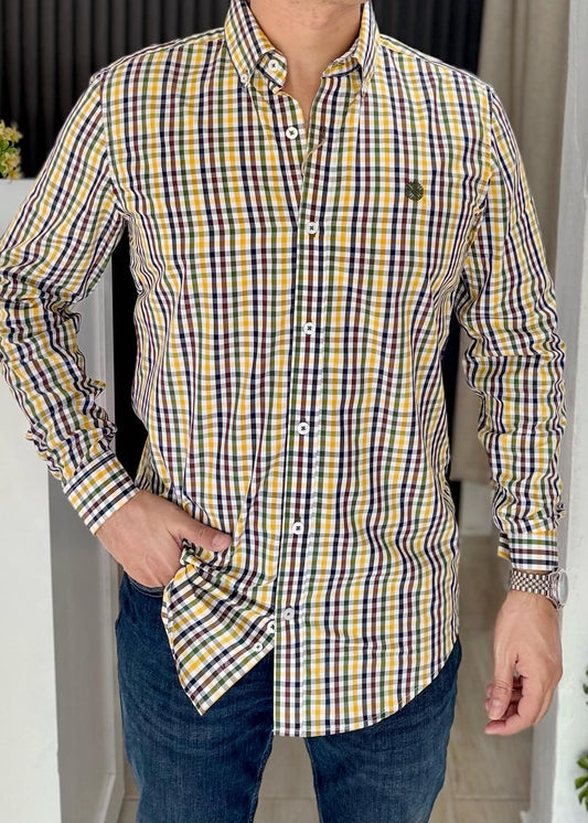 Camisa de Manga Larga Corte Fit MiniCuadros Amarillo, Verde, Café | Frescura en cada detalle