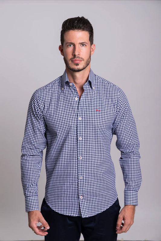 Camisa Cuadro Pequeño Marino Manga Larga