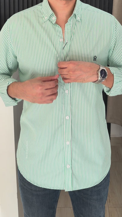 Camisa Manga Larga a Rayas Verdes de Algodón para Hombre