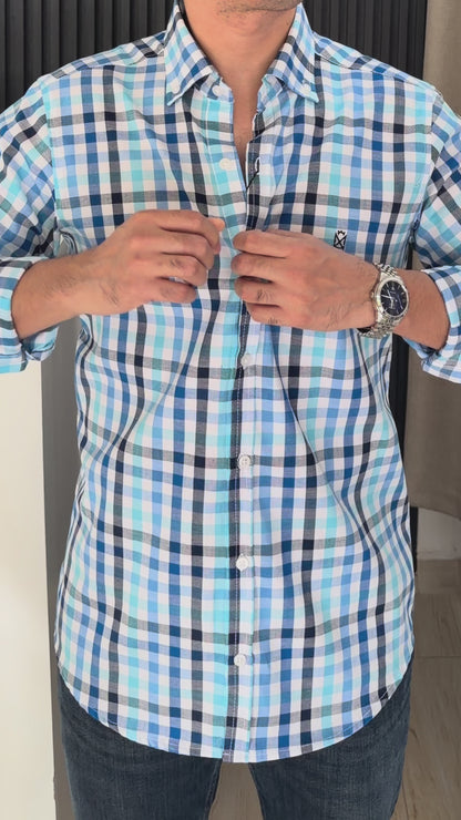 Camisa Manga Larga a Cuadros Azules de Algodón