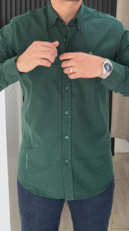 Camisa Manga Larga Color Verde Botella de Lino